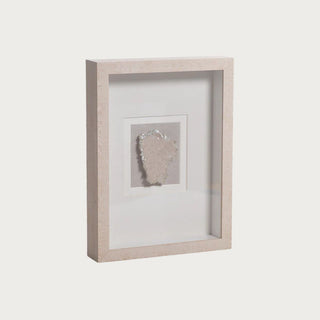 A natural/ beige box frame with a clear crystal with a delicate silver rim set on a soft gray linen fabric backing. The remainder of the inner frame is set on a matte white/cream background. Third & Main, Home Decor, Contemporary Decor, Luxury Living, Luxury Decor, Spring Decor, Summer Decor, Everyday Decor, Seasonal Decor