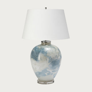 blue marbled glass table lamp with white cotton shade for coastal living room and bedroom styling