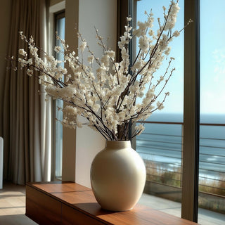 Matte neutral ceramic vase styled with tall airy white cherry blossom branches on walnut console table in luxury modern contemporary coastal home with floor-to-ceiling windows and ocean view, refined spring home decor by Third & Main