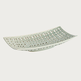Rectangular woven ceramic tray with open lattice design and soft neutral glaze, styled as an elegant decorative accent