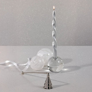 Polished nickel candle snuffer with tree-shaped bell and twisted handle, elegant silver-toned accessory for extinguishing candles stylishly. Third & Main, Home Decor, Holiday Decor, Winter Decor, Contemporary Decor, Modern Farmhouse Decor, Christmas Decor, Giftable Items