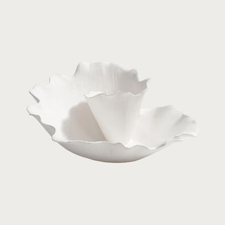 White contemporary ceramic centerpiece with sculptural layered organic form and matte finish