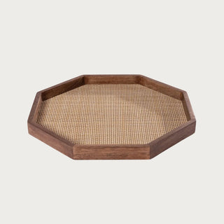 Octagonal mango wood tray with cane inlay