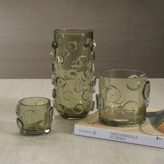11.75 inch Olive Green Celeste Tall Vase/Hurricane styled with matching glass vessels, featuring smoky olive glass and raised circular detail.