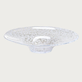 Opal Essence Centerpiece Bowl, A clear glass shallow decorative bowl with a white confetti design. Third & Main, Home Decor, Centerpiece, Luxury Decor, Luxury, Contemporary