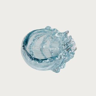 Open view of the Aqua Lagoon Glass Seashell showing its vessel-like shape, aqua glass finish, and shell texture for styling with light filler or as a decorative accent.