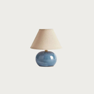 Oscar mini lamp with blue ceramic crackle base and linen shade in off-white