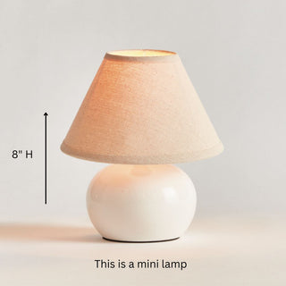 Oscar mini lamp with blue ceramic crackle base and linen shade in off-white