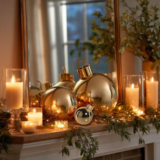 Three Sizes available of the LED gold glass ball tabletop ornaments in multiple sizes — elegant glowing holiday décor for centerpieces and mantels by Third & Main.