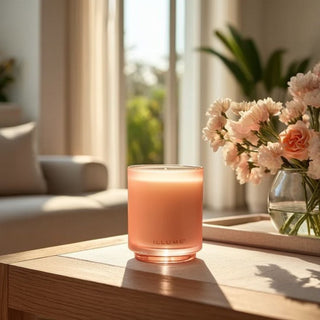 Paloma Petal candle in soft pink frosted glass jar styled on wood table with flowers in sunlit living room setting