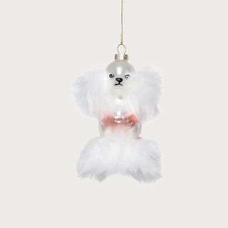 Parisian Pup glass poodle ornament with pearl finish, soft faux fur details, and gold hanging cord displayed against a neutral background.