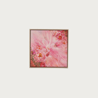18x18 Kate Tova Peony Power floral wall art featuring blush and pink peonies framed in a contemporary luxury interior setting