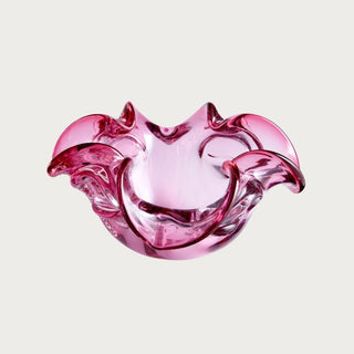 Pink sculptural glass bowl with ruffled edges and luminous finish, shown as a decorative 10-inch diameter accent piece on a clean background.