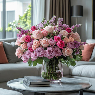 Large spring floral arrangement featuring pink True Bloom real touch roses layered with blush, ivory, and soft lavender tones, styled in a clear glass vase on a modern marble coffee table in a light-filled living room.
