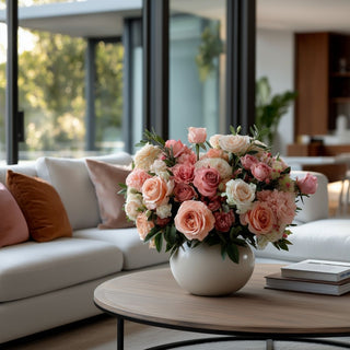 Large spring floral arrangement featuring coral and pink full bloom roses, ivory blooms, muted peach florals, and seasonal greenery in a matte ceramic vase on a modern coffee table.