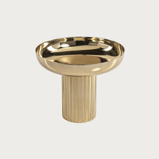 Polished gold metal footed bowl with fluted pedestal base, modern decorative centerpiece for dining or coffee tables, perfect for holiday or winter décor. Third & Main, Home Decor, Holiday Decor, Holiday Entertaining Decor, Luxury Decor, Contemporary Decor, Luxury Living