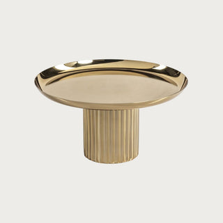 Polished gold metal footed cake stand with fluted pedestal base, elegant modern dessert or display stand for entertaining and home décor. Third & Main, Home Decor, Holiday Decor, Winter Decor, Luxury Decor, Contemporary Decor, Polished Gold Decor, Entertaining Decor