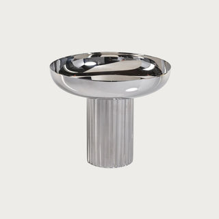 Polished silver metal footed bowl with fluted pedestal base, modern reflective decorative centerpiece for dining or coffee tables.  Third & Main, Home Decor, Holiday Decor, Holiday Entertaining Decor, Luxury Decor, Contemporary Decor, Luxury Living