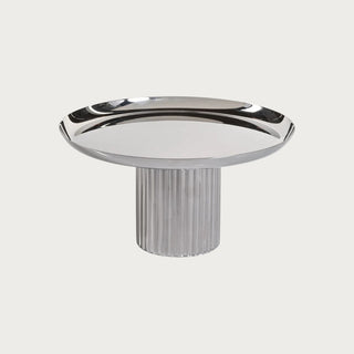 Polished silver metal footed cake stand with fluted pedestal base, elegant modern dessert display stand for winter entertaining and home décor.Third & Main, Home Decor, Holiday Decor, Winter Decor, Luxury Decor, Contemporary Decor, Polished Nickel Decor, Entertaining Decor