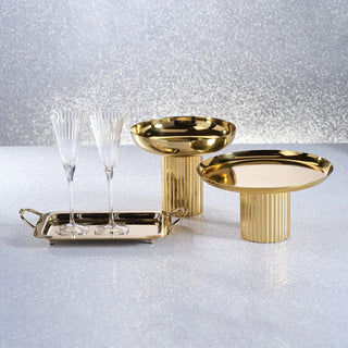 Polished gold metal footed bowl with fluted pedestal base, modern decorative centerpiece for dining or coffee tables, perfect for holiday or winter décor. Third & Main, Home Decor, Holiday Decor, Holiday Entertaining Decor, Luxury Decor, Contemporary Decor, Luxury Living