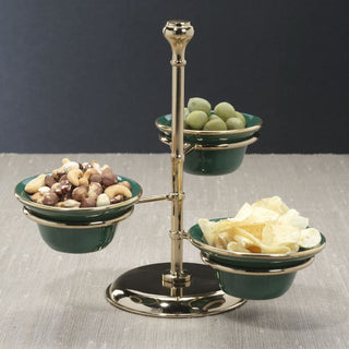 Polished gold metal three-tier stand with green ceramic bowls — elegant serving piece for holiday entertaining or modern home bar by Third & Main.