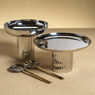 Polished silver metal footed bowl with fluted pedestal base, modern reflective decorative centerpiece for dining or coffee tables.  Third & Main, Home Decor, Holiday Decor, Holiday Entertaining Decor, Luxury Decor, Contemporary Decor, Luxury Living
