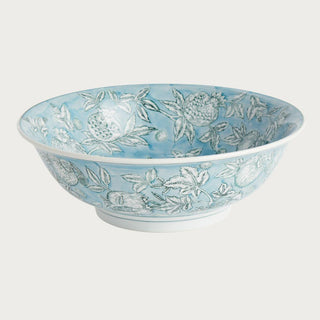 Blue and white ceramic decorative bowl with pomegranate sketch pattern and shallow pedestal base