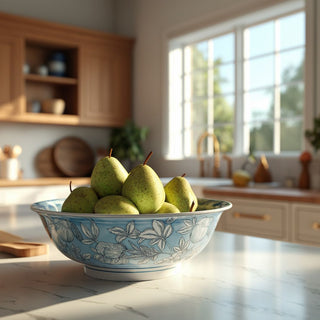 Blue and white ceramic decorative bowl with pomegranate sketch pattern and shallow pedestal base filled with pears and sitting in a kitchen.