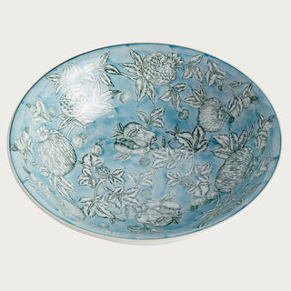 Blue and white ceramic decorative bowl with pomegranate sketch pattern and shallow pedestal base