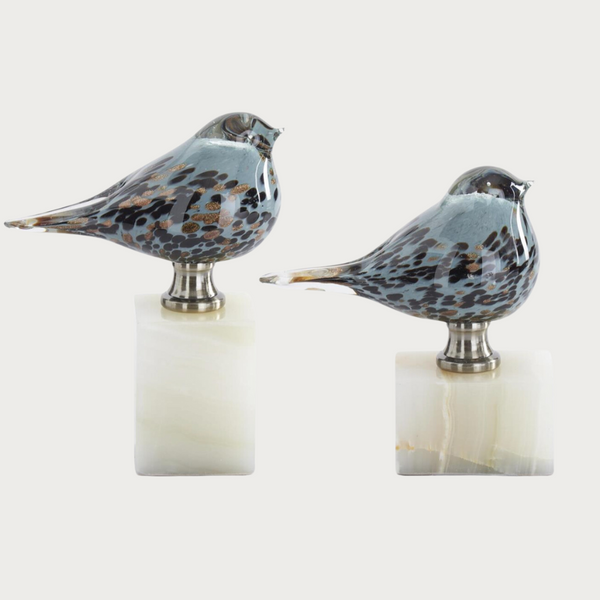 Set of 2 Blue Glass Birds on White Square Marble Base