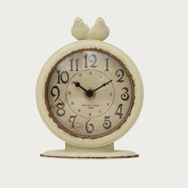 Bird Clock, 4-3/4"L x 2-1/2"W x 6"H Pewter Mantel Clock w/ Birds, Cream Color (Requires 1-AA 