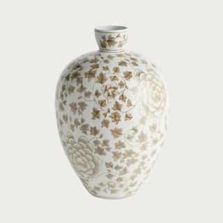 15-inch Province Bottle Vase in ivory slip-cast porcelain with warm taupe floral and trailing foliage pattern, rounded body, and short neck.