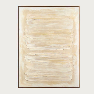 Full view of the Quiet Form 48-inch hand-painted abstract canvas with layered cream and ivory texture in a natural brown frame.