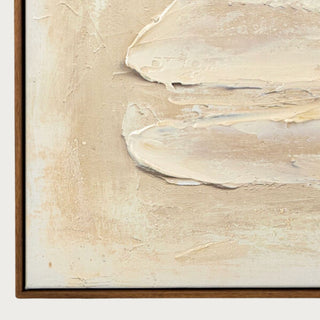 Detail of the Quiet Form abstract canvas showing dimensional cream paint layers, subtle tonal variation, and the slim natural brown frame.