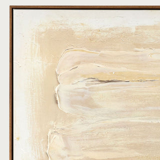 Close-up of the Quiet Form canvas showing raised hand-painted strokes in cream, ivory, parchment, and warm beige beneath the natural brown frame.