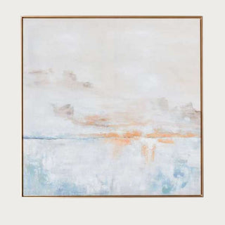 Quiet Horizon 39x39 framed art print featuring soft ivory and pale blue horizon tones, finished in a slim gold frame, by Third & Main