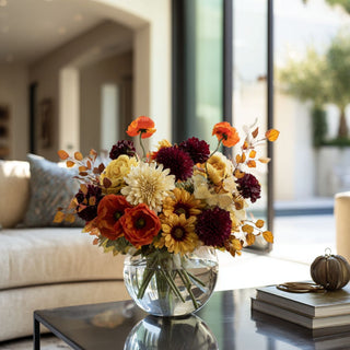 Real Touch 29" Orange Poppy Stem Styled with other fall flowers in a vase on a modern contemporary decor style coffee table.