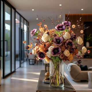 Real Touch Eggplant Color Anemone Stem styled in a glass vase with other fall insured beautiful florals 