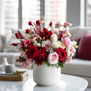A beautiful floral arrangement set on a table in a contemporary decor style living room of True Bloom Floral  real touch roses, pink duchess roses, red duchess roses and complementary florals  with 6 stems from Third & Main, Floral, Real touch floral True Bloom 