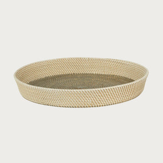 Round Luxury Rattan Serving tray with a Natural/ Beige Exterior, and a Gray Interior.  Third & Main, Home Decor, Luxury Decor, Luxury Decor, Modern Farmhouse Decor, Modern Traditional Decor, Versatile Decor, Spring Decor, Summer Decor, Everyday Decor, Seasonal Decor