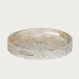 round mother of pearl decorative trays with mosaic shell pattern cutout handles and soft ivory pearl tones for coffee table or vanity styling