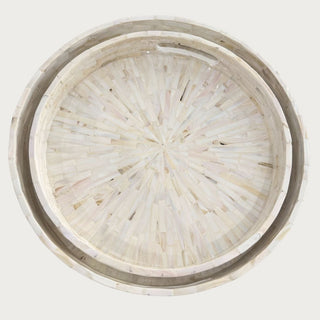 round mother of pearl decorative trays with mosaic shell pattern cutout handles and soft ivory pearl tones for coffee table or vanity styling