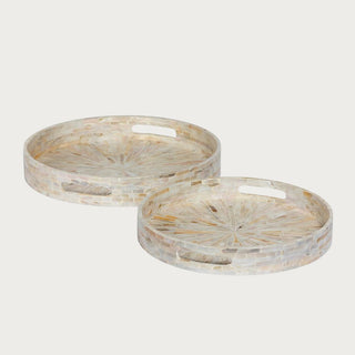 round mother of pearl decorative trays with mosaic shell pattern cutout handles and soft ivory pearl tones for coffee table or vanity styling