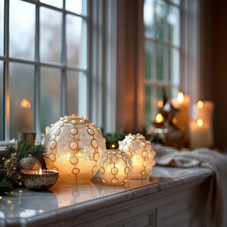 Clear Glass & Gold Glitter W/Pearls Led Globes W/Timer - 4 Option Available