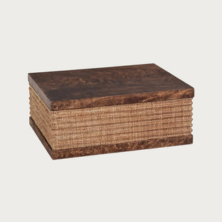 Large decorative storage box with burl wood top and base, wrapped in woven natural raffia, elegant keepsake or jewelry box for coffee table or shelf styling, Fall Decor, Luxury Decor
