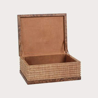 Large decorative storage box with burl wood top and base, wrapped in woven natural raffia, elegant keepsake or jewelry box for coffee table or shelf styling, Fall Decor, Luxury Decor