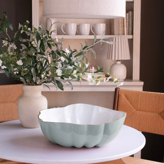 Slate Blue and white scalloped metal decorative bowl with gold rim, lightweight centerpiece or serving bowl for elegant home decor, Food Safe, Dishwasher Safe, Third & Main, Home Decor
