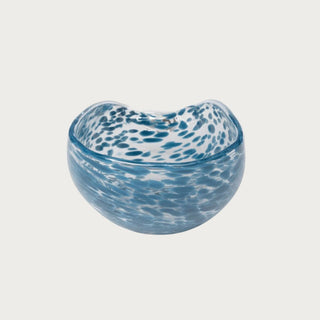 Open view of the Seaside Glass Fish Bowl showing blue speckled glass, rounded bowl shape, and sculptural fish tail detail for coastal home decor.
