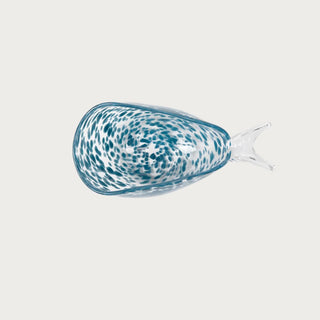 Top view of the 12.25 inch Seaside Glass Fish Bowl with blue speckled glass pattern and clear fish tail detail for spring and summer styling.