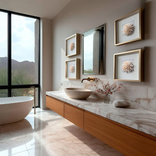 Set of four Selene framed selenite wall art prints arranged in a grid layout above a marble vanity in a luxury Scottsdale Arizona modern contemporary bathroom with freestanding tub and desert mountain views.
